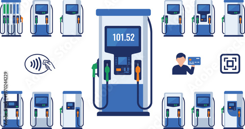 Gas station pump vector set, fuel dispenser icons with payment systems, petrol station equipment, isolated.