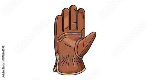 A sturdy brown leather work glove featuring detailed white stitching and a reinforced palm section is displayed in a vertical orientation on a white background.