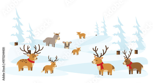 A group of illustrated deer and reindeer with red scarves stands in a snowy forest landscape with pine trees and rolling hills.