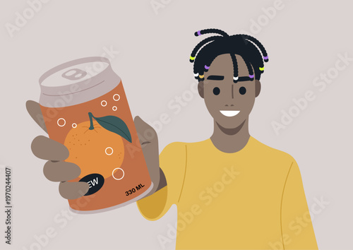 A cheerful character holds out a can of soda featuring a bright fruit design, The atmosphere is lively, hinting at a fun beverage experience waiting to be enjoyed.