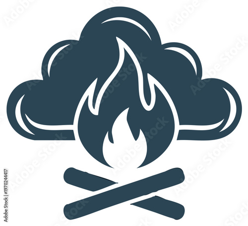Stylized campfire graphic with flames, smoke, and crossed logs.