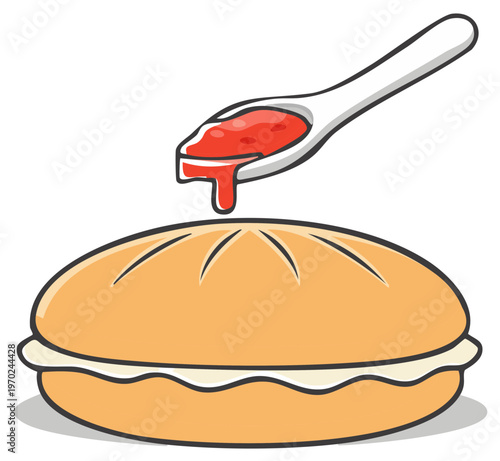 Pie being drizzled with berry sauce from a spoon, illustrative drawing