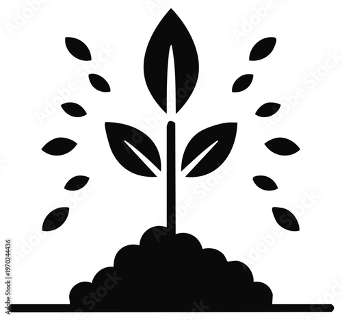 Simple black icon of sowing seeds around a new plant sprouting from the soil for growth and agriculture