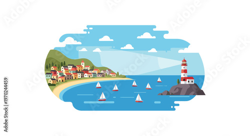 A flat design illustration showcases a vibrant coastal town with houses, a sandy beach, and a striped lighthouse casting light over sailboats on the blue sea.