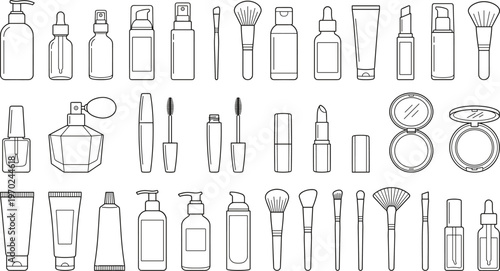 Cosmetic and makeup vector icons set, beauty products line art, skincare and vanity equipment, isolated.