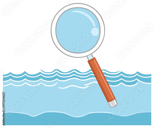 Cartoon magnifier glass inspecting blue wavy surface for investigation and discovery