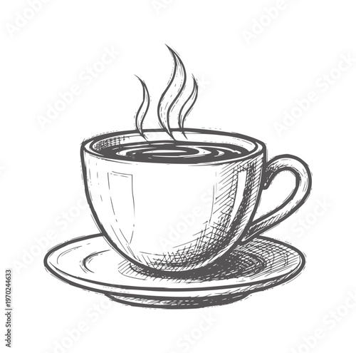Hand drawn of a steaming cup of coffee a saucer 1