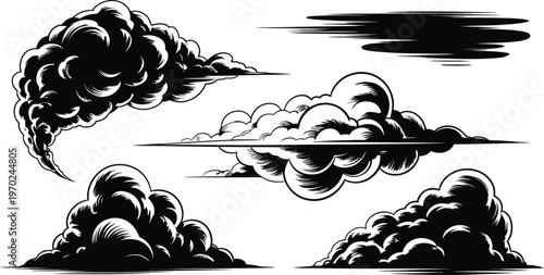 Cloud illustrations, stylized black and white formations with dramatic shading and sharp edges, high contrast vector design for weather, sky, and atmospheric themes