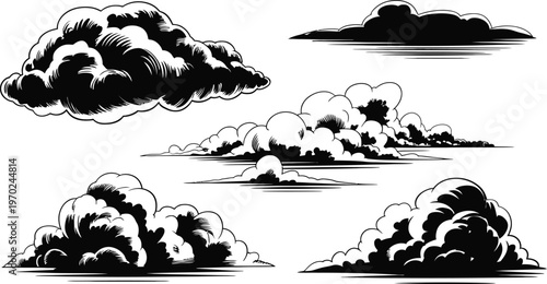 Cloud illustrations, stylized black and white formations with dramatic shading and sharp edges, high contrast vector design for weather, sky, and atmospheric themes