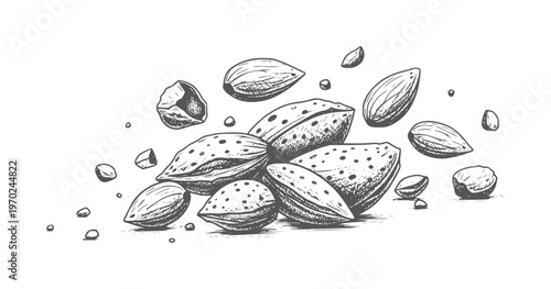 Hand drawn of almonds in shells and kernels scattered white nuts food vintage monochrome