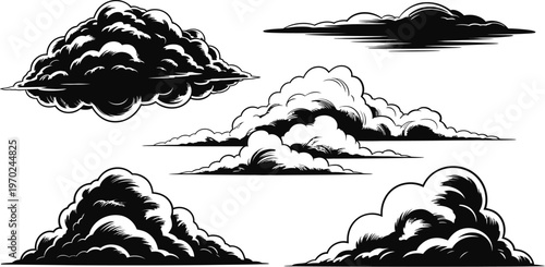 Cloud illustrations, stylized black and white formations with dramatic shading and sharp edges, high contrast vector design for weather, sky, and atmospheric themes