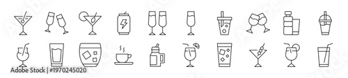 Collection of Outline Symbols of Alcoholic Drink, Energy Drink, Soft Drinks Drawn with Thin Line for apps, web sites, banners, infographics and other types of design, vector illustration.