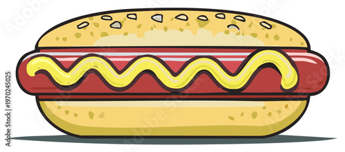 Illustrated hot dog with yellow mustard and bun, a popular fast food