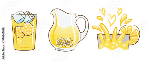 Lemonade in jar, mint cocktails cartoon set. Pitcher drinks with straw, lemon slice. vector illustration.
