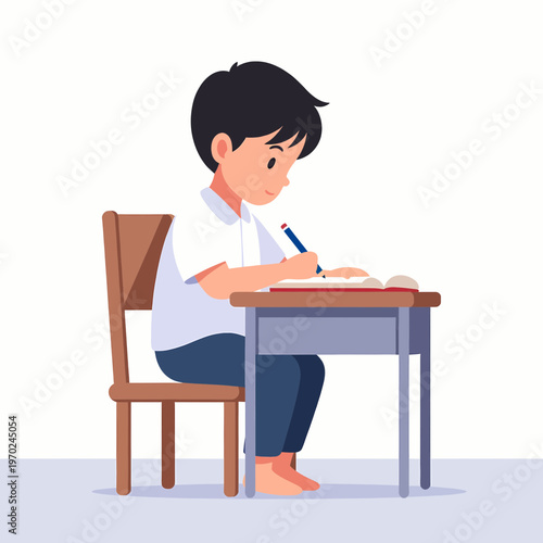 Boy learning at desk with book and pencil with he is barefoot and wears