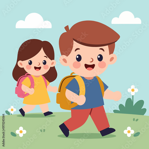 Children walking to school with backpacks with they appear to be on their way