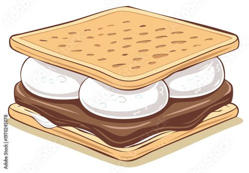Illustrated dessert sandwich s'more featuring melted chocolate and marshmallow for sweet cravings
