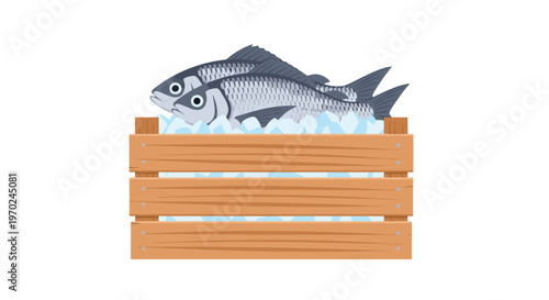 Two fresh whole silver fish are displayed on a bed of translucent blue ice cubes within a light brown wooden slatted crate over a clean white background.