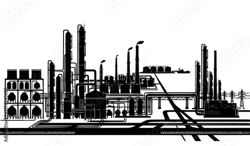 Refinery plant silhouette with industrial towers and pipelines vector isolated on white background