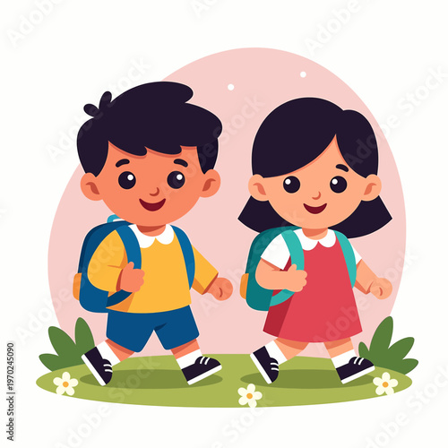 Cute cartoon boy and girl walking to school with backpacks with back to school