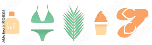 Nautical anchor with summer vacation beach icons in a circular flat design. Tropical leaves and exotic plant flat icon collection with jungle palm, vector illustration.