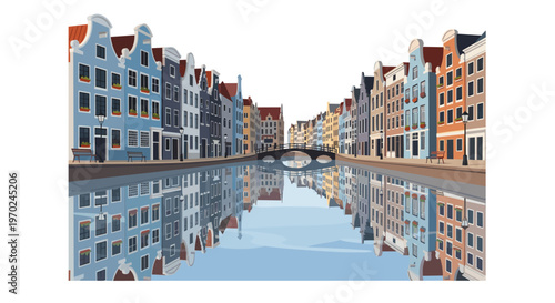 A picturesque illustrated European canal is lined with numerous gabled, multi-colored houses, featuring an arched bridge and clear water reflections.