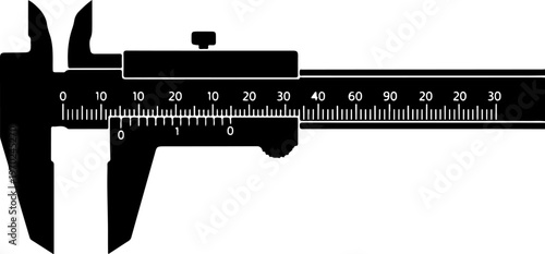 Vintage-style vernier caliper, precision measurement tool, black silhouette, ruler gauge, vernier caliper, precision measurement, ruler gauge, measuring tool, silhouette, black, vintage, industrial, e