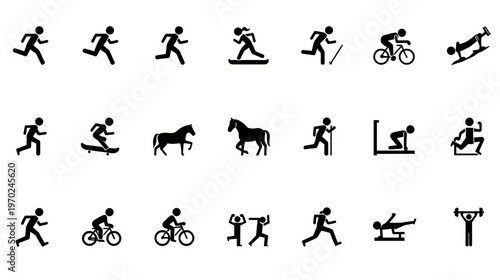 A collection of black stick figure icons showing various athletic and recreational activities. isolated on white background