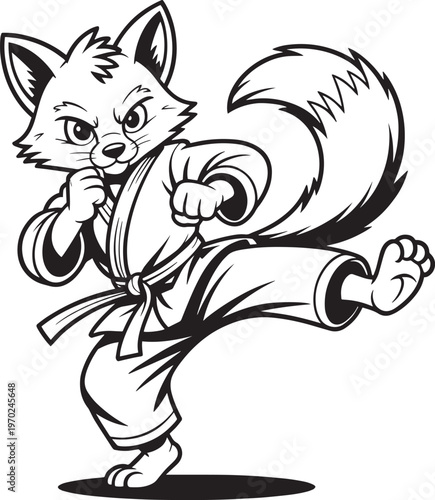 Martial arts cartoon fox character in karate gi performing a dynamic flying kick