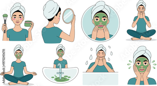 Woman skincare routine, step by step facial care process including cleansing toning moisturizing and treatment, modern vector illustration