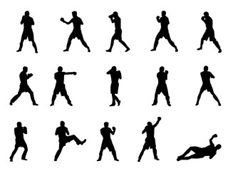 A collection of black silhouettes showing various boxing poses and movements against white background isolated on white background
