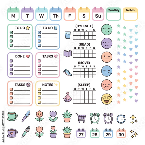 Cute pastel vector planner stickers for daily organization, habit tracking, and mood journaling. Productivity graphic elements.