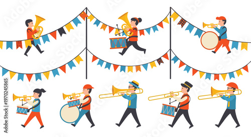 Ten cartoon marching band members play brass instruments and drums under colorful pennant banners on a white background.