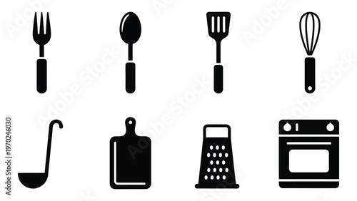 A collection of black kitchen utensils including a fork spoon spatula and oven presented as a silhouette high quality professional detailed