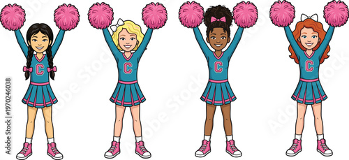 Diverse group of cheerleaders, holding pink pom poms, wearing teal uniforms, cad drawing flat vector illustration