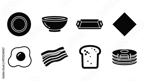 A collection of black silhouette icons depicting breakfast foods and dishware showcasing a simple design silhouette high quality professional detailed modern