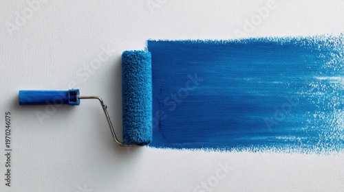 Colorful paint description, Descriptive imagery of blue paint streaks and textured backgrounds, Visual depiction of vibrant blue brush marks against contrasting white and blue wall surfaces