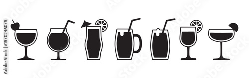 Cocktails icon set mixed drink and beverage symbols in solid style vector illustration collection