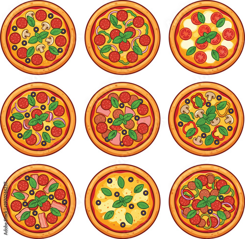 Various pizza top view collection, pepperoni, margherita, mushroom, and vegetable toppings vector illustration set.
