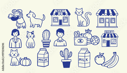 Grocery store and dairy shop themed line icons featuring milk characters and fresh produce.