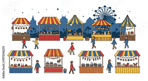 Eight vendor stalls with striped awnings and walking cartoon figures populate a night market scene with a Ferris wheel.