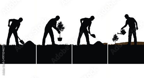Step-by-Step Tree Planting Process Silhouette Illustration Set
