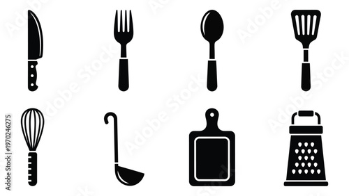 A collection of black kitchen utensils is displayed against a white background forming a striking silhouette high quality professional detailed modern