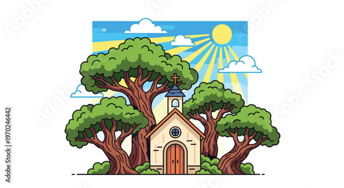 A charming cartoon illustration depicts a small stone chapel nestled between massive ancient trees under a vibrant yellow sun with long radiant beams.
