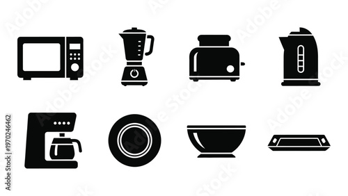 A collection of black kitchen appliances depicted as simple flat icons in a minimalist silhouette high quality professional detailed modern elegant