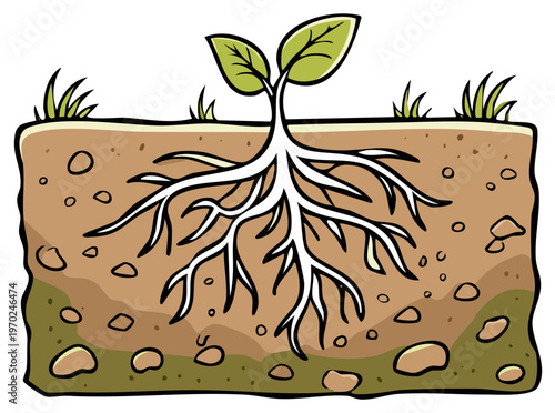 Healthy plant with extensive root system growing in fertile soil with grass above