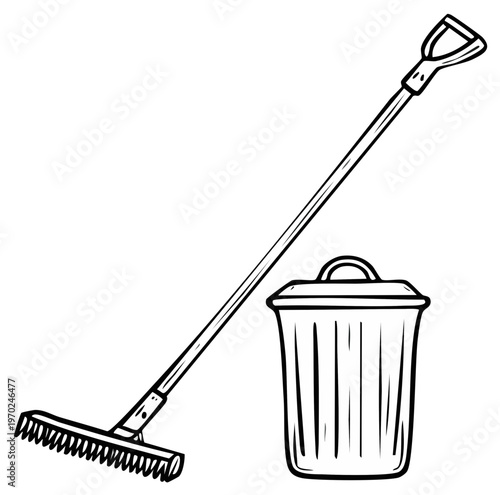 Cleanliness Concept: Brush and Dustbin with Simple Line Art Style