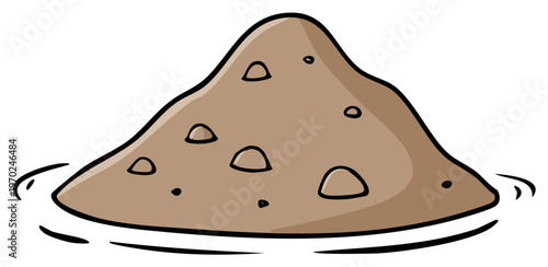 Illustration of a sand mound or pile with rocks or pebbles, surrounded by water or liquid