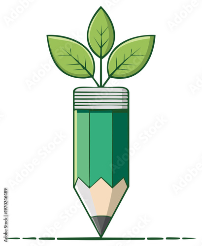 Green Pencil with Sprouting Leaves Symbolizing Growth and Education