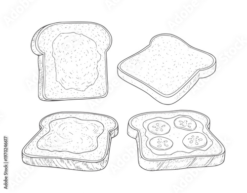 Hand drawn toast slices with jam and cucumber toppings bread peanut butter
